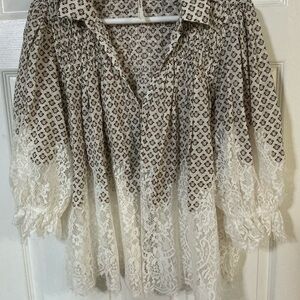 Anthropologie Cream & Brown Lace-Hem Patterned Tunic